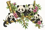 Can you please create a full sleeve tattoo with three panda cubs hanging from bamboo with bamboo and vines wrapped aroun tattoo design idea