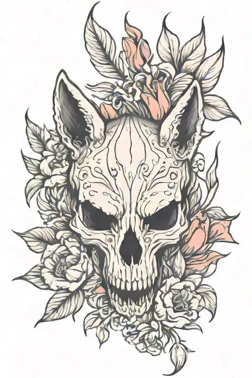 fox skull with tulips growing inside tattoo design idea