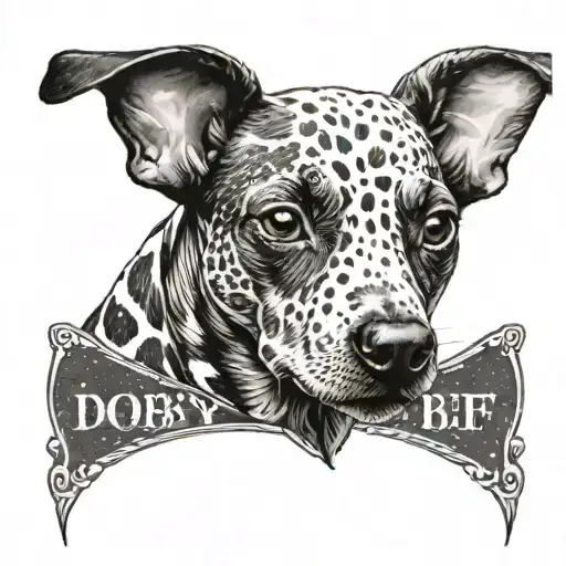 the face of a black and white spotted dog with the text "Dobby BFF" tattoo design idea