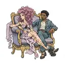 girl with curly mauve hair and tall black boy sitting in fancy chair tattoo design idea
