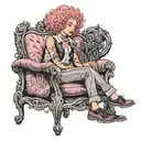 girl with curly mauve hair and tall black boy sitting in fancy chair tattoo design idea