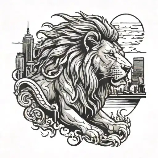 A lion roaring against a city skyline, symbolizing the client's ambition and drive as a career woman tattoo design idea