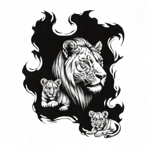 A lioness fiercely protecting her two cubs, symbolizing the client's role as a mother of 2 tattoo design idea
