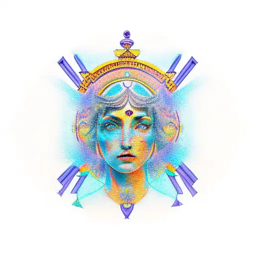A minimalist tattoo of the Greek goddess Athena surrounded by psychedelic patterns tattoo design idea