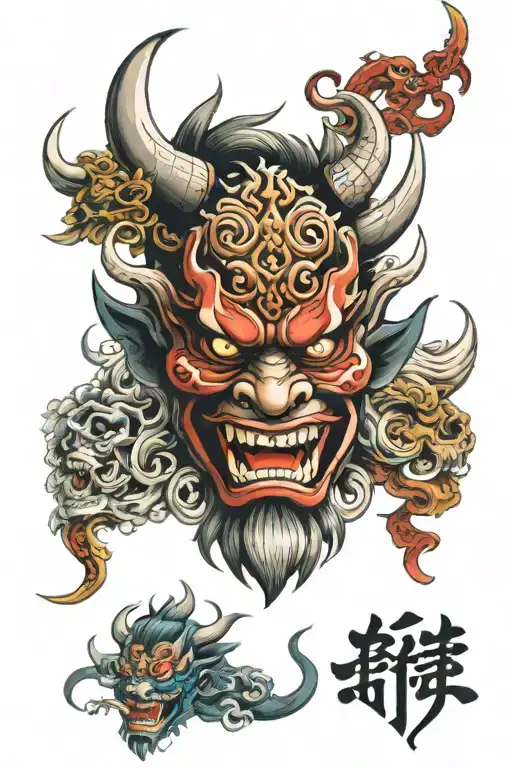  Irezumi Tattoo Design:  Oni Mask: Centerpiece, showcasing fierce expression with intricate detailing. Add elements like tattoo design idea