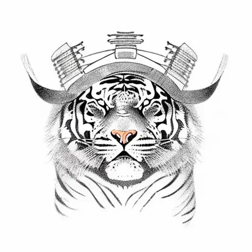 A humanoid tiger wearing japanese robes and hats with a samurai sword practicing kung fu under a cherry blossom tree tattoo design idea