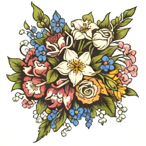 flower bouquet with snowdrop, carnations, larkspur, and narcissus tattoo design idea