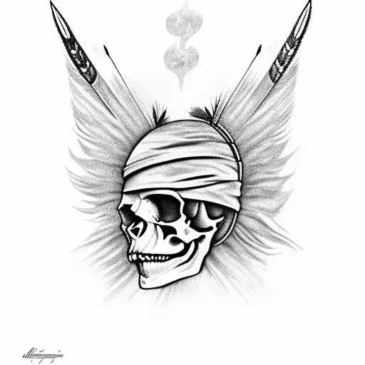 profile of an indian skull with feathers and anarchy sign tattoo design idea
