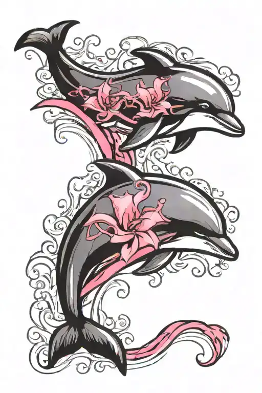 dolphin jumping through a breast cancer awareness ribbon tattoo design idea