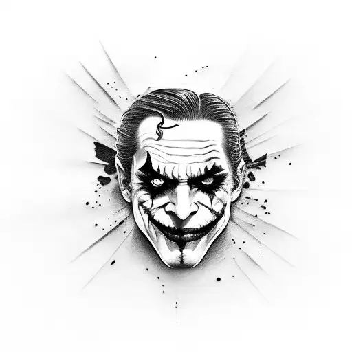 please make black and white image. Joker face as the tattoo. He is in front and the city is reflecting in his face.  tattoo design idea