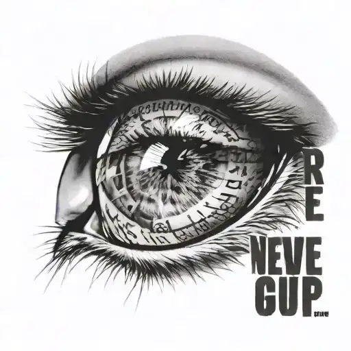 Lion eye looking forward with text Never Give Up  tattoo design idea