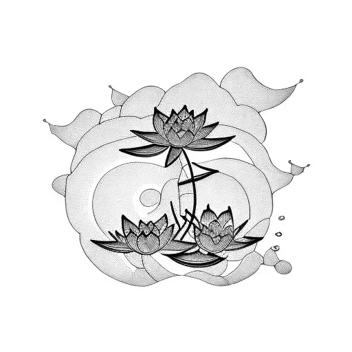 A serene lake with lotus flowers and dragonflies in blackwork style tattoo design idea