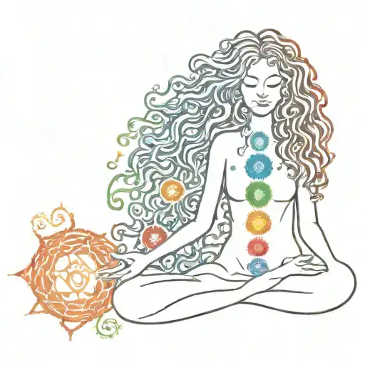 Woman meditation long curly Hair with 7 chakra symbols coloured tattoo design idea