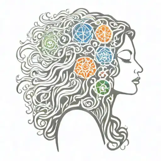 woman meditation with 7 chakra symbols long curly Hair coloured  tattoo design idea
