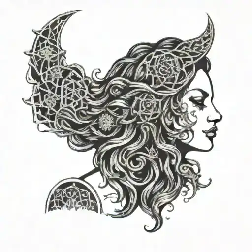 woman meditation with 7 chakra symbols long curly Hair coloured  tattoo design idea