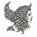 woman meditation with 7 chakra symbols long curly Hair coloured  tattoo design idea