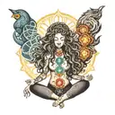 woman meditation with 7 chakra symbols long curly Hair coloured  tattoo design idea