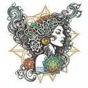 woman meditation with 7 chakra symbols long curly Hair coloured  tattoo design idea