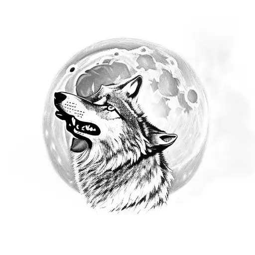 A wolf howling at the moon, with the Om symbol integrated into the night sky tattoo design idea