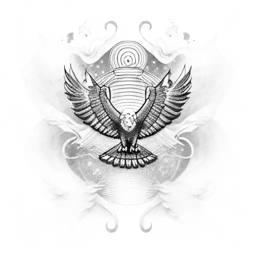 An eagle in flight, with the Om symbol incorporated into its wings tattoo design idea