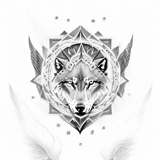 A wolf, lion, and eagle combined into a mythical creature, with the Om symbol as its third eye tattoo design idea