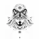 A wolf, lion, and eagle combined into a mythical creature, with the Om symbol as its third eye tattoo design idea