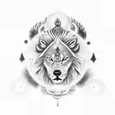 A wolf, lion, and eagle combined into a mythical creature, with the Om symbol as its third eye tattoo design idea
