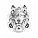 A wolf, lion, and eagle combined into a mythical creature, with the Om symbol as its third eye tattoo design idea
