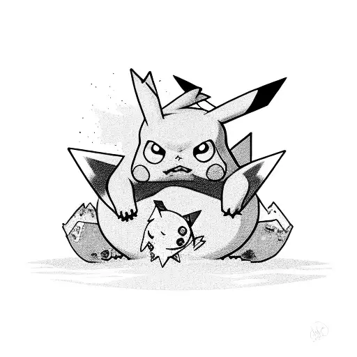 Pikachu playing with Gengar, letter A and R tattoo design idea