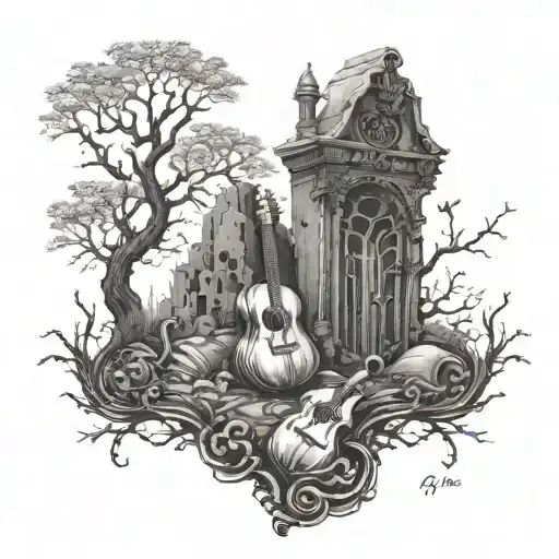 Incorporate a guitar neck winding through a graveyard scene, with tombstones and eerie trees, symbolizing the connection between music and death tattoo design idea