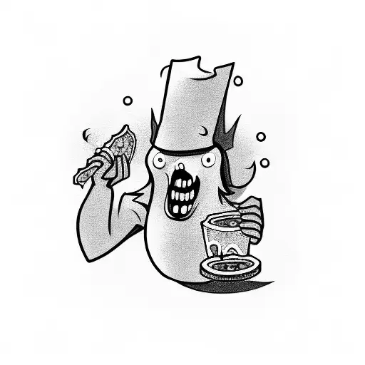 A ghost holding a beer mug and eating a slice of pizza while playing soccer tattoo design idea