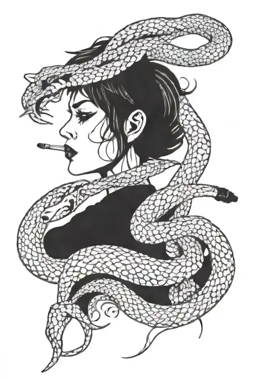Smoking women face middle hair cut like a snake's tattoo design idea