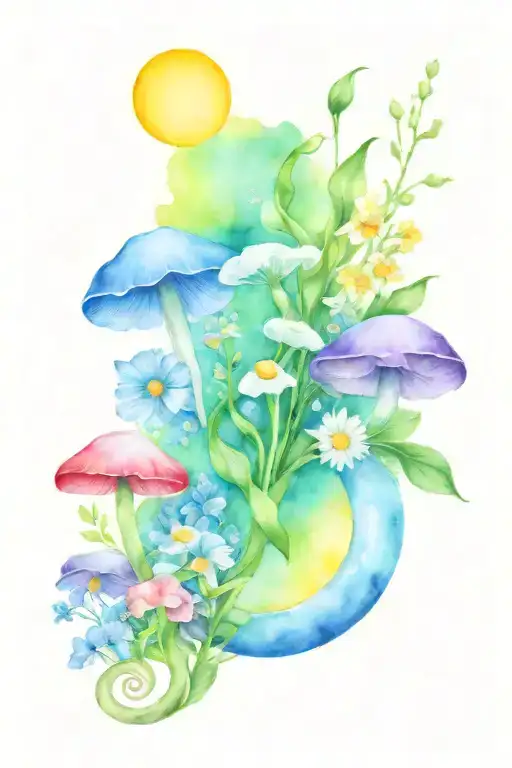 sweet pea, daisy, rainbow, mushroom, moon, crystals, heart, and infinity tattoo design idea