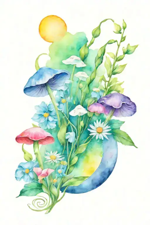 sweet pea, daisy, rainbow, mushroom, moon and crystals  tattoo design idea