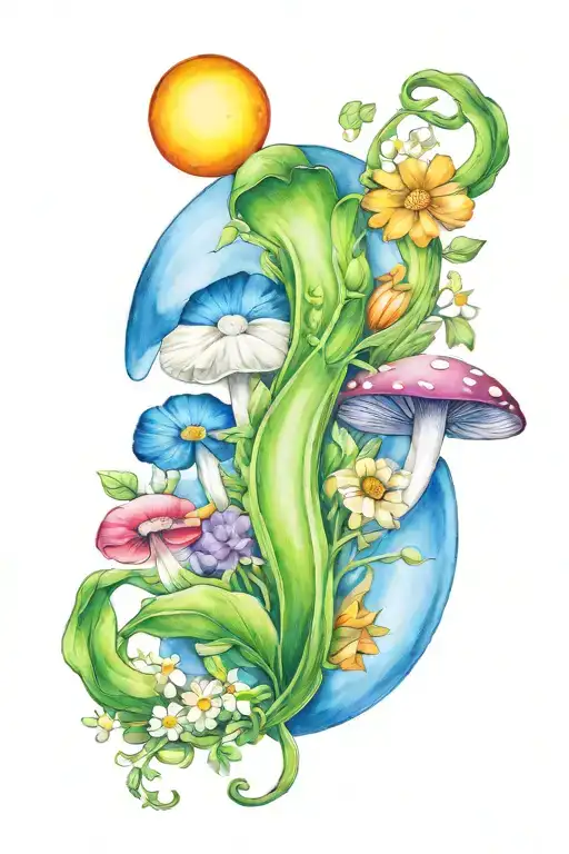sweet pea, daisy, rainbow, mushroom, moon, crystals, heart, and infinity tattoo design idea