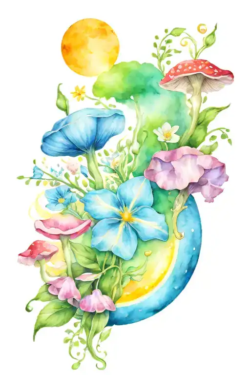 sweet pea, daisy, rainbow, mushroom, moon, crystals, heart, and infinity tattoo design idea
