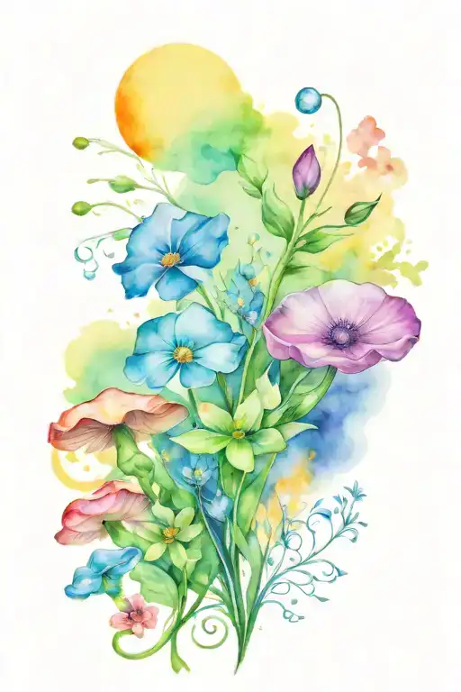 sweet pea, daisy, rainbow, mushroom, moon, crystals, heart, and infinity tattoo design idea