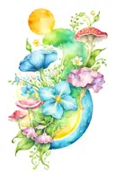 sweet pea, daisy, rainbow, mushroom, moon, crystals, heart, and infinity tattoo design idea