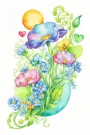 sweet pea, daisy, rainbow, mushroom, moon, crystals, heart, and infinity tattoo design idea
