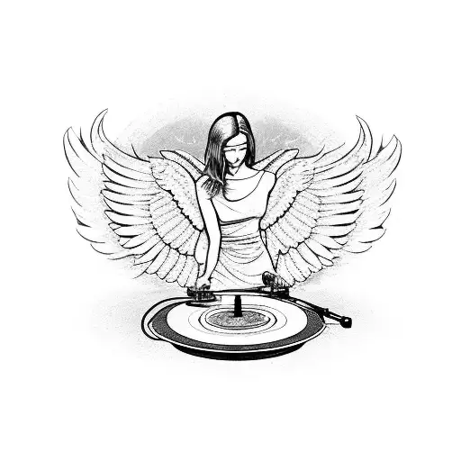 An angel playing a vinyl record on a turntable with wings made of sound waves tattoo design idea