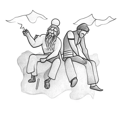 A detailed sketch of a man and an angel sitting on a cliff edge, smoking cigarettes and sharing stories tattoo design idea