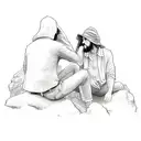 A detailed sketch of a man and an angel sitting on a cliff edge, smoking cigarettes and sharing stories tattoo design idea