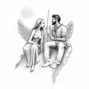 A detailed sketch of a man and an angel sitting on a cliff edge, smoking cigarettes and sharing stories tattoo design idea