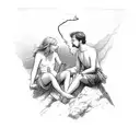 A detailed sketch of a man and an angel sitting on a cliff edge, smoking cigarettes and sharing stories tattoo design idea