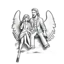 A detailed sketch of a man and an angel sitting on a cliff edge, smoking cigarettes and sharing stories tattoo design idea