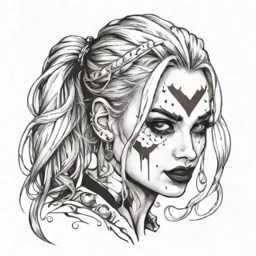 face of a girl with tattoos in the style of Harley Quinn tattoo design idea