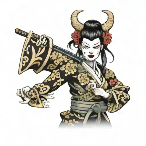 japan oni girl samurai with mask holding flowers  tattoo design idea