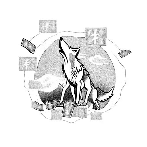 A wolf howling at a full moon surrounded by stacks of money and thought bubbles with difficult choices inside tattoo design idea