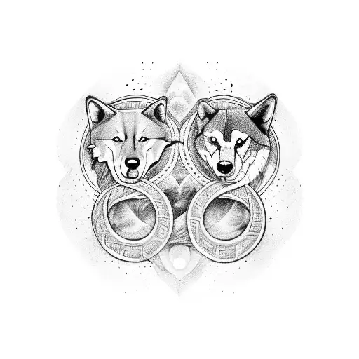 A dog and a wolf intertwined in a yin-yang symbol, representing the duality of life's struggles and successes tattoo design idea