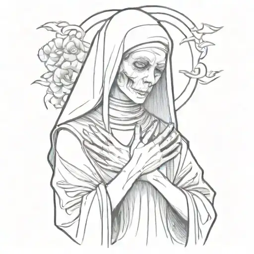 crying melancholy nun 3/4 sleeve holding skull in hands. black and white tattoo design idea